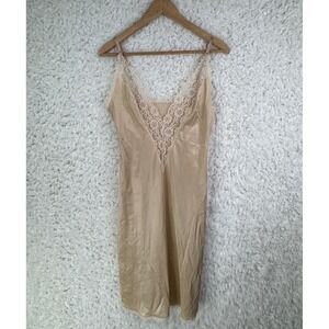 Serena Vintage Women's Beige Nude Lace Trim Slip Dress Midi Nylon Size Small